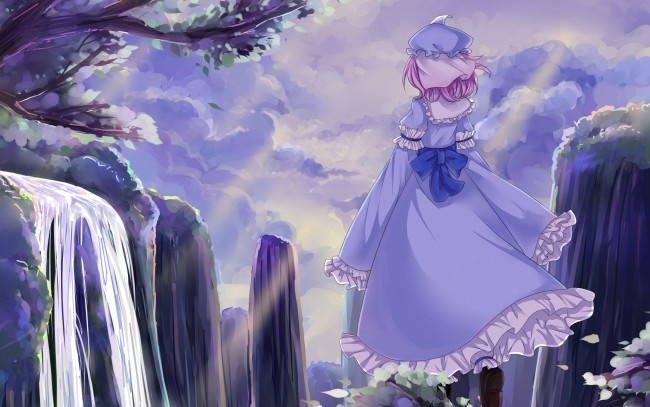 Обои картинки фото аниме, touhou, пейзаж, спиной, девушка, ветка, дерево, скалы, водопад, yuxuekeith, арт, saigyouji, yuyuko