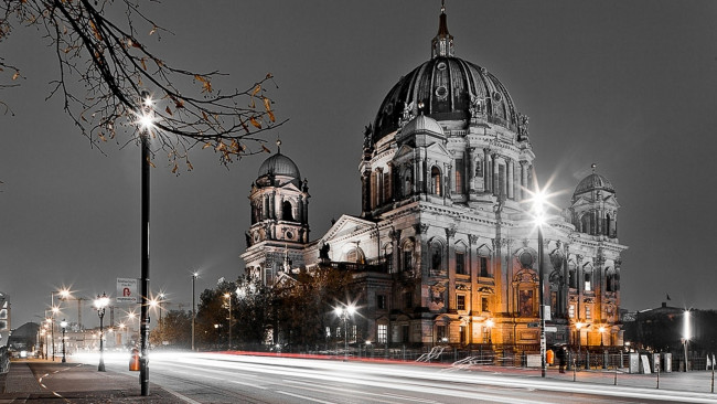 Обои картинки фото города, берлин , германия, улица, зима, берлин, храм, ночь