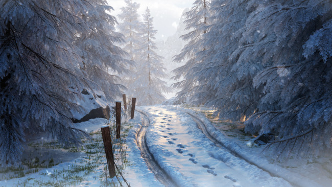 Обои картинки фото рисованное, природа, следы, снег, дорога, зима
