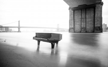 обоя музыка, -музыкальные инструменты, рояль, река, мост, улица