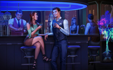 Картинка рисованное люди девушки мужчины фон бар одежда