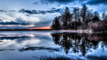 Картинка природа восходы закаты озеро закат кусты водная гладь