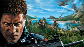 обоя видео игры, far cry 6, люди, оружие, море, горы, вертолет