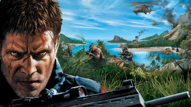 Обои картинки фото видео игры, far cry 6, люди, оружие, море, горы, вертолет