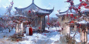 Картинка рисованное кино +мультфильмы вэй усянь лань ванцзи зонт снег зима сад