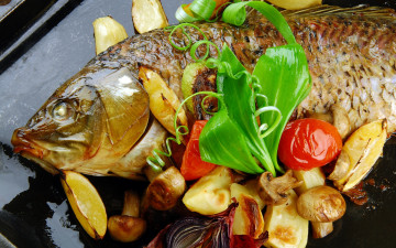 Картинка еда рыбные+блюда +с+морепродуктами грибы рыба шампиньоны помидоры лимон
