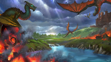 Картинка рисованные животные +сказочные +мифические драконы огонь нападение замок река вода