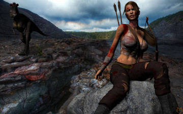 Картинка 3д+графика амазонки+ amazon девушка взгляд лук стрелы динозавр