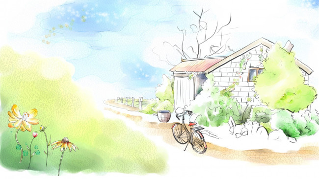 Обои картинки фото векторная графика, город, дом, цветы, велосипед