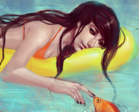 Картинка рисованное люди рыбка матрац море девушка