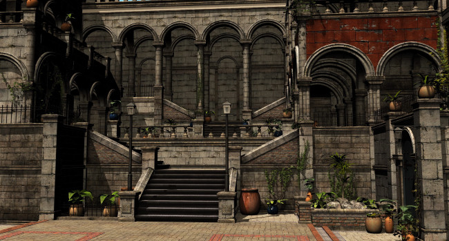 Обои картинки фото 3д графика, реализм , realism, растение, дворик, лестница, замок