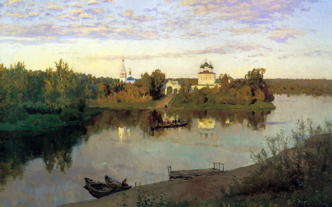 Обои картинки фото рисованное, живопись, облака, река, лодки