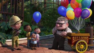 обоя мультфильмы, up, бабушка, дедушка, дети, растения, воздушный, шар