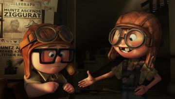 обоя мультфильмы, up, девочка, мальчик, очки, шлем, газета