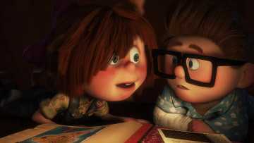 обоя мультфильмы, up, девочка, очки, мальчик, книга, ребенок