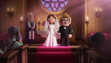 Картинка мультфильмы up девушка юноша священник свечи венчание люди