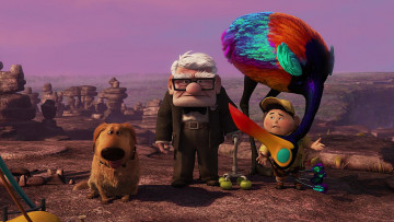 обоя мультфильмы, up, камни, птица, дедушка, очки, собака, мальчик