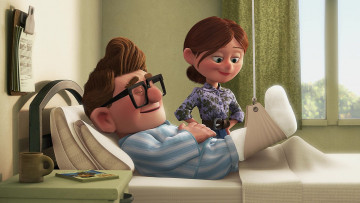 Картинка мультфильмы up мужчина очки женщина гипс окно кровать