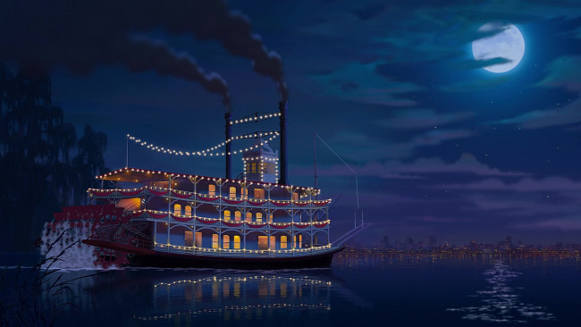 Обои картинки фото корабли, рисованные, корабль, водоем, побережье, луна, месяц, облака