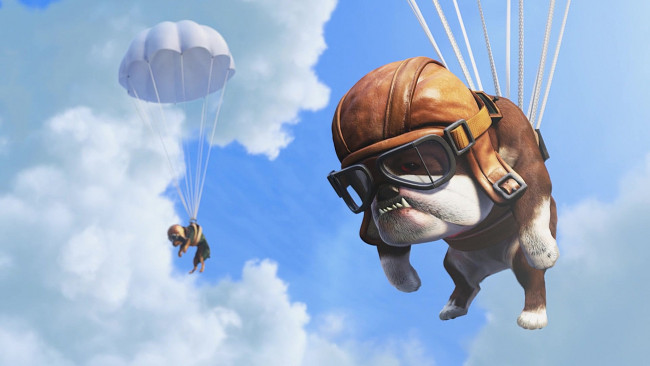 Обои картинки фото мультфильмы, up, собака, очки, парашют, шлем, облака