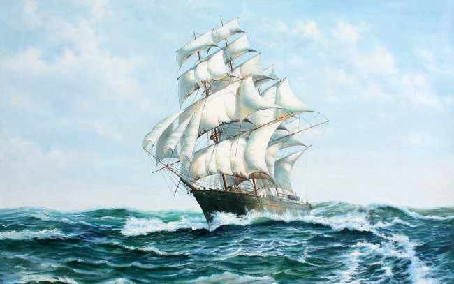 Обои картинки фото корабли, рисованные, водоем, волна, пена, облака