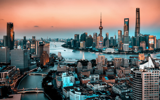 Обои картинки фото шанхай, китай, города, шанхай , небоскребы, современные, здания, азия, закат, мегаполис
