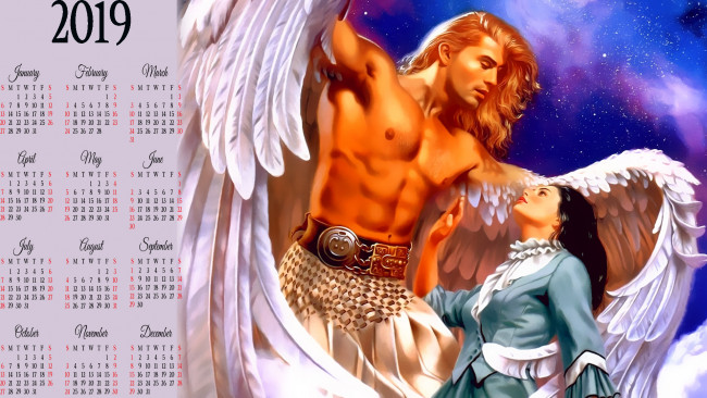 Обои картинки фото календари, фэнтези, женщина, девушка, ангел, мужчина, крылья, calendar, 2019