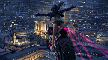 Картинка фэнтези девушки девушка мотоцикл прыжок город огни панорама