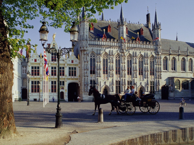 Обои картинки фото horse, drawn, carriage, town, hall, brugge, belgium, города, брюгге, бельгия