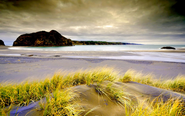Обои картинки фото sea, shore, природа, побережье, дюны, песок, пляж, тучи, скалы, море, трава
