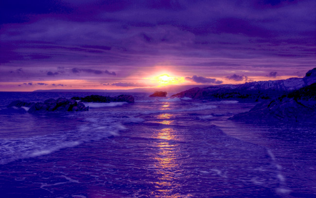 Обои картинки фото surise, природа, восходы, закаты, рассвет, океан, пляж, камни, волны
