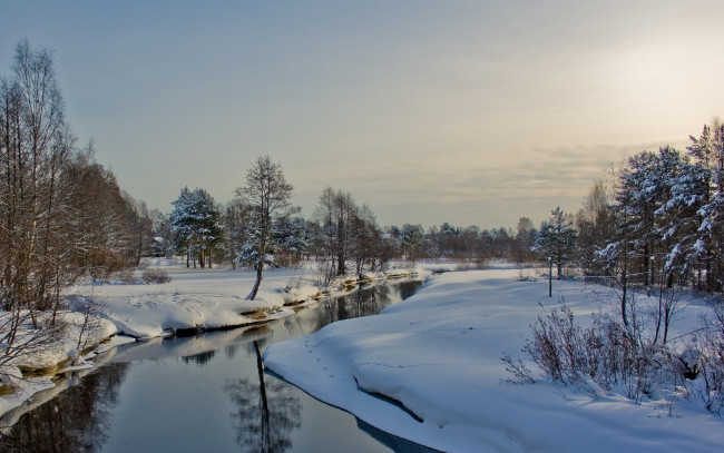 Обои картинки фото winter, природа, зима, утро, река, деревья, снег