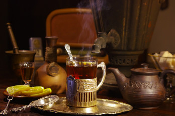 Картинка еда напитки Чай самовар лимон стакан