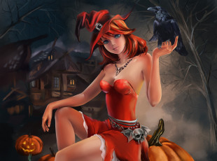 Картинка фэнтези девушки праздник halloween хэллоуин ворон тыква сидит девушка