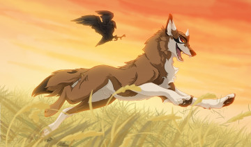 Картинка рисованное животные +волки природа ворона волк