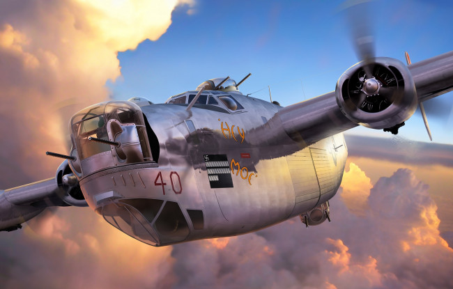 Обои картинки фото b-24 h liberator `hey moe`, авиация, 3д, рисованые, v-graphic, бомбардировщик