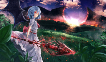 Картинка аниме touhou магия облака девушка арт remilia scarlet природа оружие копьё пейзаж sinkai небо закат крылья