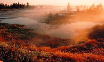 Картинка природа реки озера рассвет туман осень трава парк yellowstone