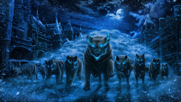 Картинка фэнтези оборотни нашествие хищники матерый страх полнолуние ночь снег город синее пламя стая волков горящие глаза вожак снежные волки