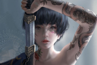 Картинка фэнтези девушки арт меч япония девушка взгляд тату