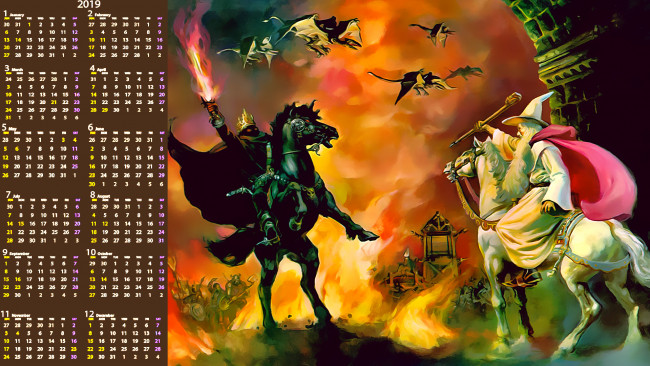 Обои картинки фото календари, фэнтези, лошадь, факел, дракон, старик, всадник, конь