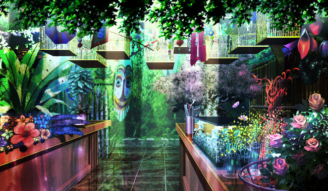 Обои картинки фото аниме, город,  улицы,  интерьер,  здания, растения