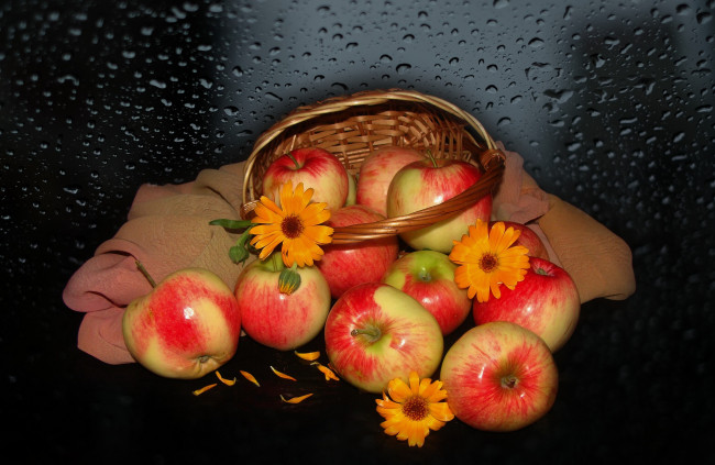 Обои картинки фото еда, Яблоки, beauty, beautiful, красивые, harmony, корзинка, красота, яблоки, настроение, цветы, природа
