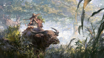Картинка рисованное люди мальчик флейта буйвол заросли
