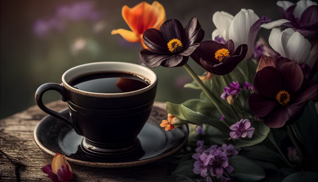 Обои картинки фото еда, кофе,  кофейные зёрна, цветы, чашка, блюдце