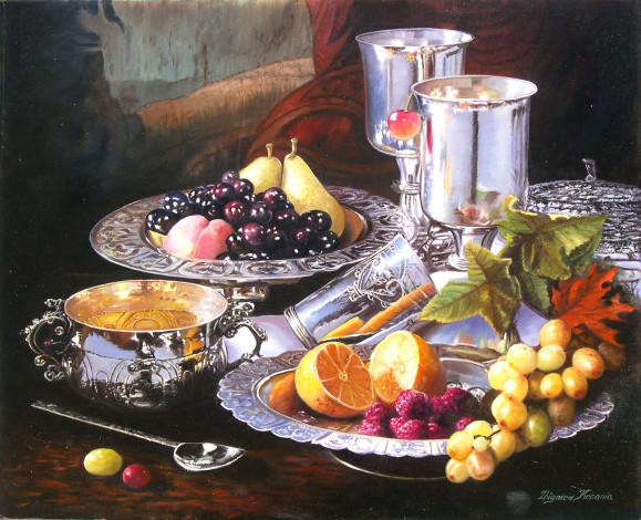 Обои картинки фото zbigniew, kopania, рисованные, натюрморт, ваза, фрукты