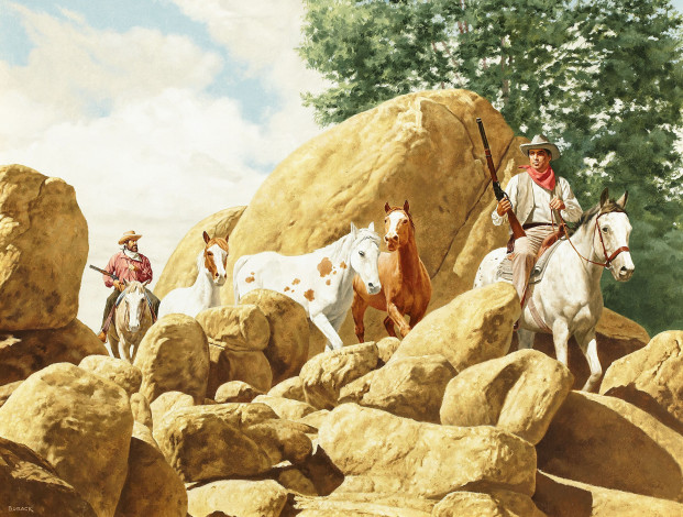 Обои картинки фото stanley, borack, рисованные, всадник, ружье, лошадь, камни
