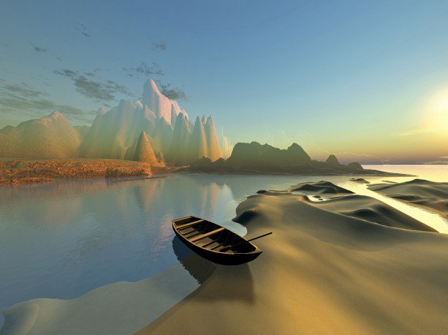 Обои картинки фото 3д, графика, nature, landscape, природа, лодка, горы, вода
