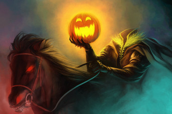 обоя праздничные, хэллоуин, halloween, всадник, без, головы, тыква, конь, горящие, глаза