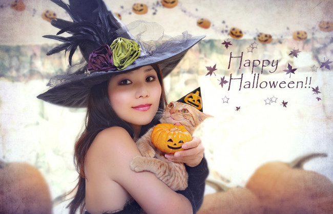 Обои картинки фото праздничные, хэллоуин, ведьма, колпак, девушка, азиатка, кот